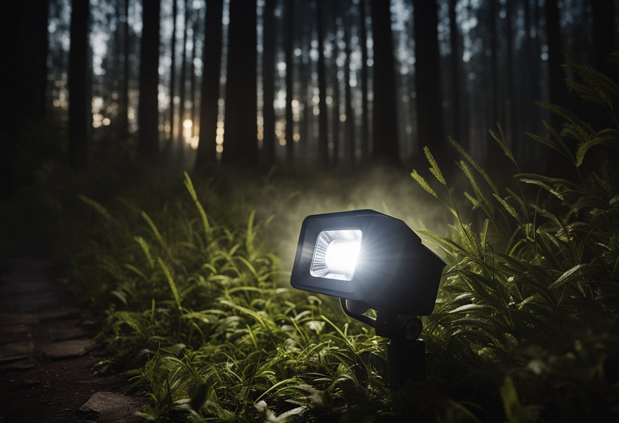 A motion sensor outdoor floodlight illuminates a dark area, casting a bright beam of light across the ground