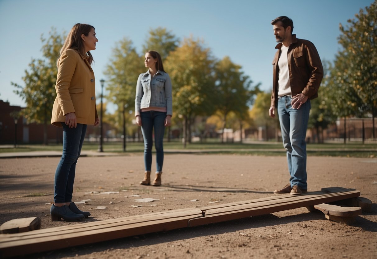 Two parents stand on opposite sides of a cracked and barren playground, avoiding eye contact as their children play separately. A broken seesaw sits unused in the background