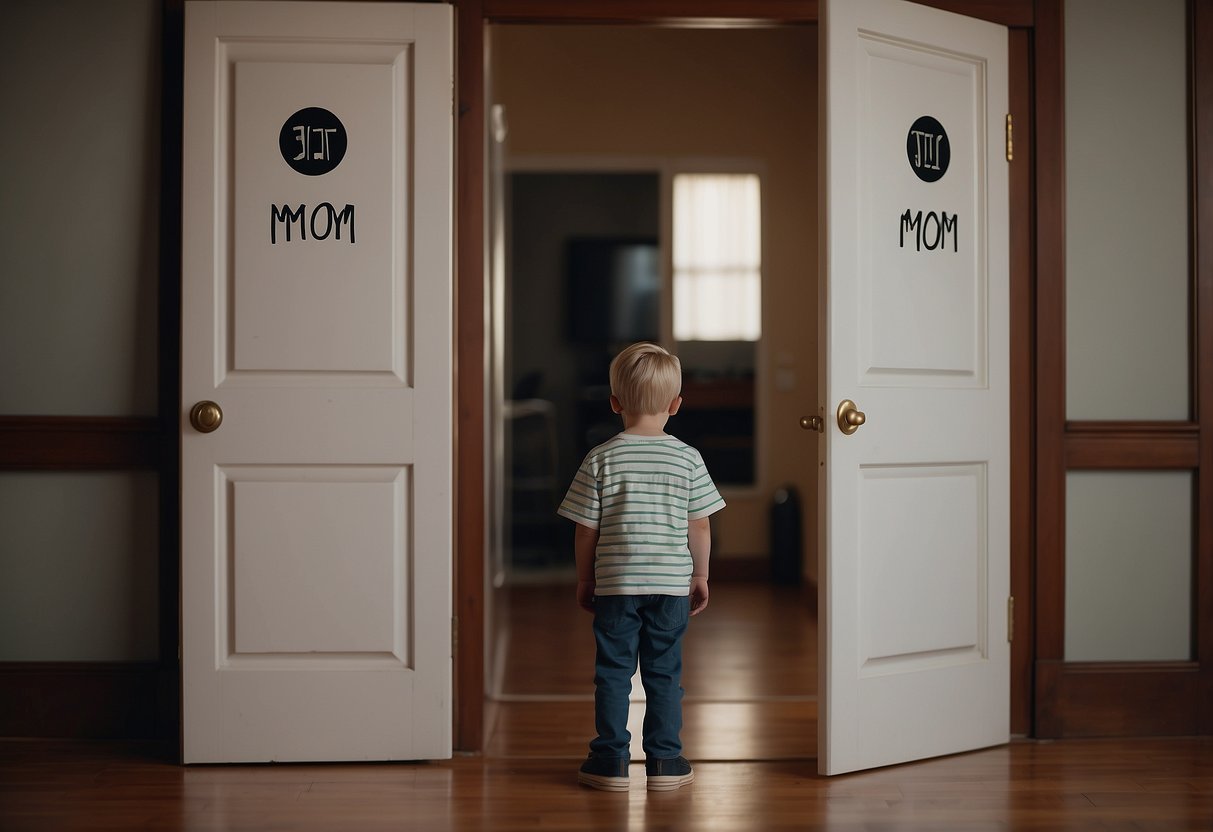 A child standing between two closed doors, looking confused. One door has "Mom" written on it, the other "Dad". A broken telephone lies on the floor