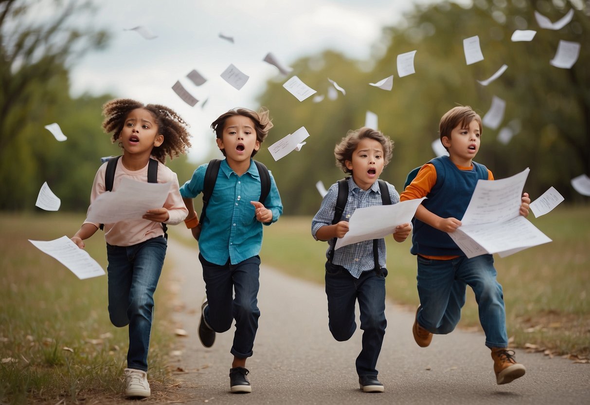 Children running with notes, passing them to and fro. Expressions of confusion and frustration on their faces. Signs of tension and struggle in the air