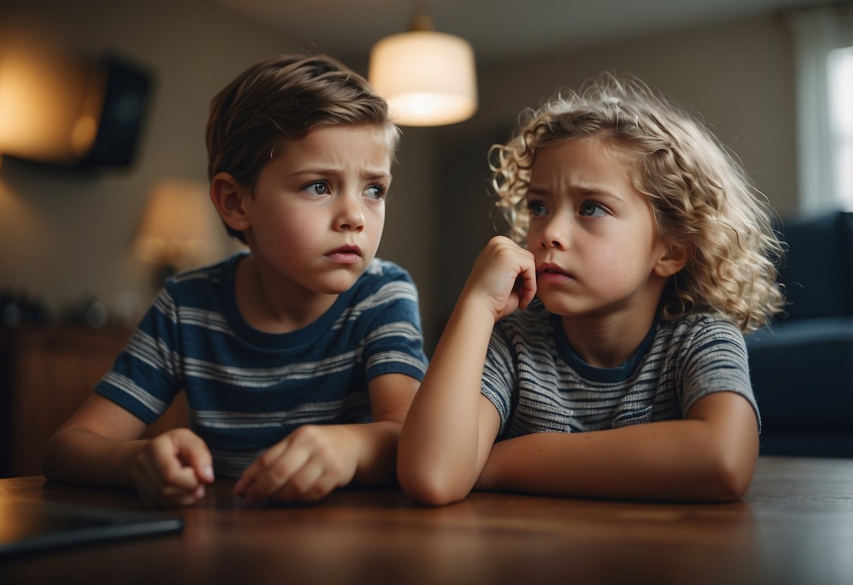 Two households with different rules and routines. Children confused and frustrated. Lack of communication and coordination evident. Tension and conflict present. Unease and discomfort felt by all involved