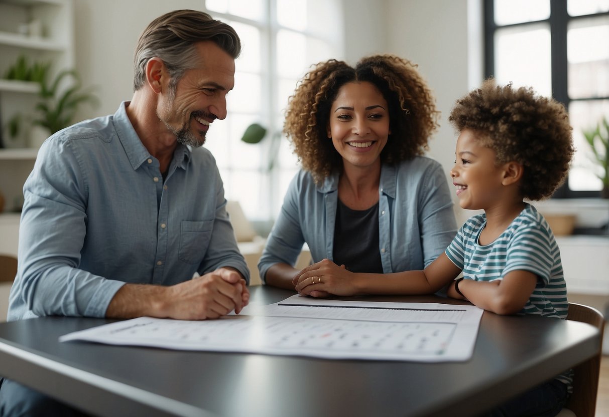 Two parents standing on opposite sides of a child, peacefully discussing co-parenting strategies. A calendar and communication tools are visible