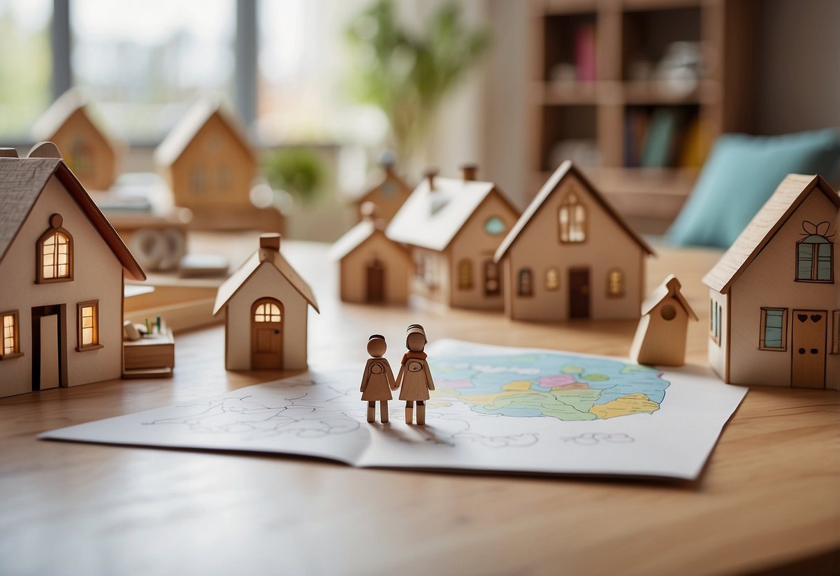 A child's drawing of two houses, each with a parent and child inside, connected by a heart-shaped path. Toys and books are scattered around, showing a shared environment