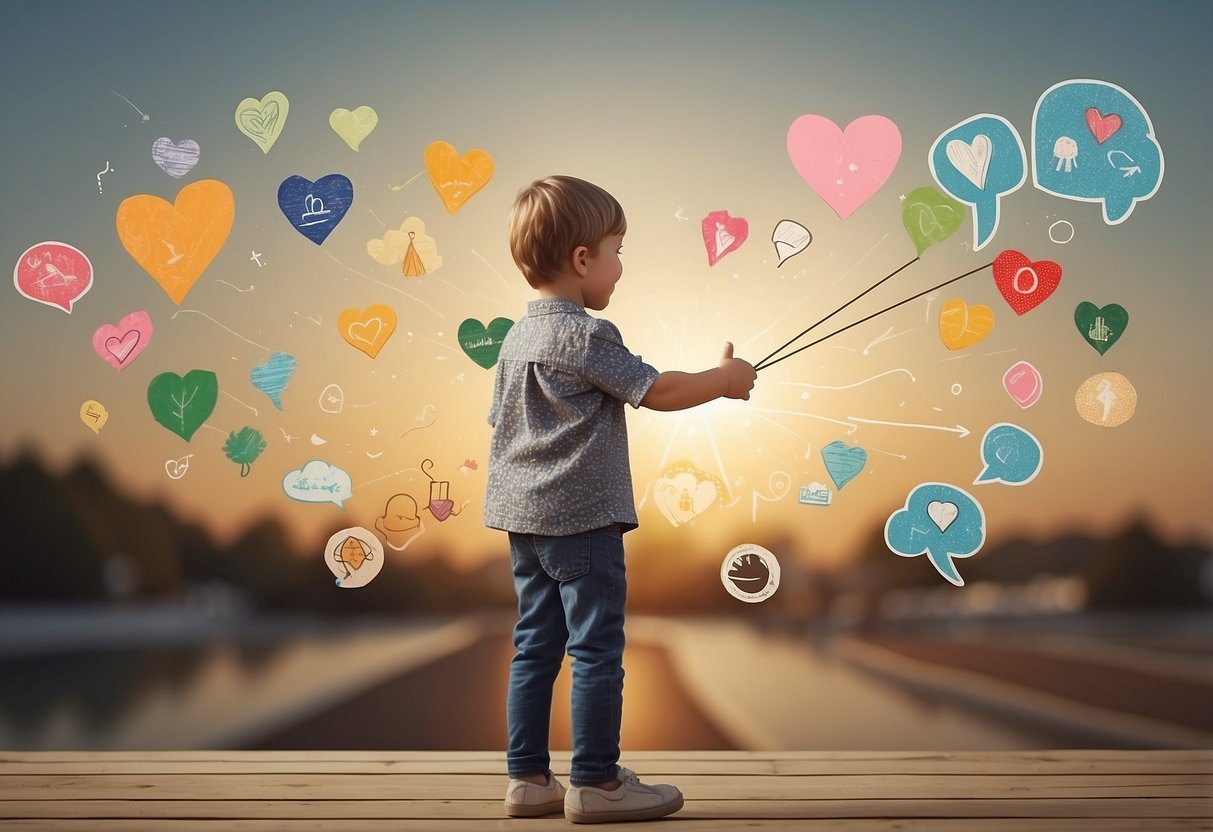 A child's drawing of a parent and an arrow pointing towards them, surrounded by symbols of communication like speech bubbles, hearts, and open hands