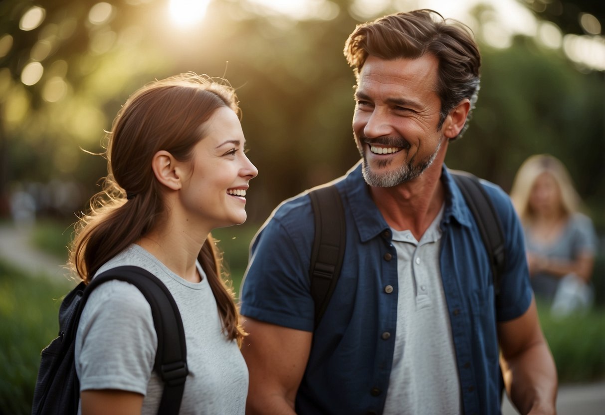 Two parents standing side by side, smiling and engaging in a friendly conversation while their child watches from a distance with a happy expression