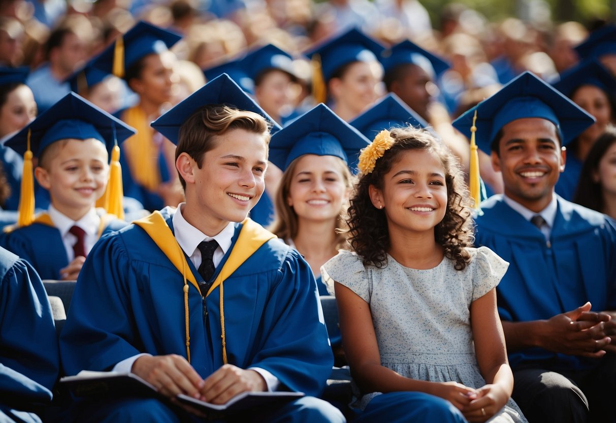 A child and two adults attending a graduation ceremony together, sitting close and smiling, showing support and unity in co-parenting