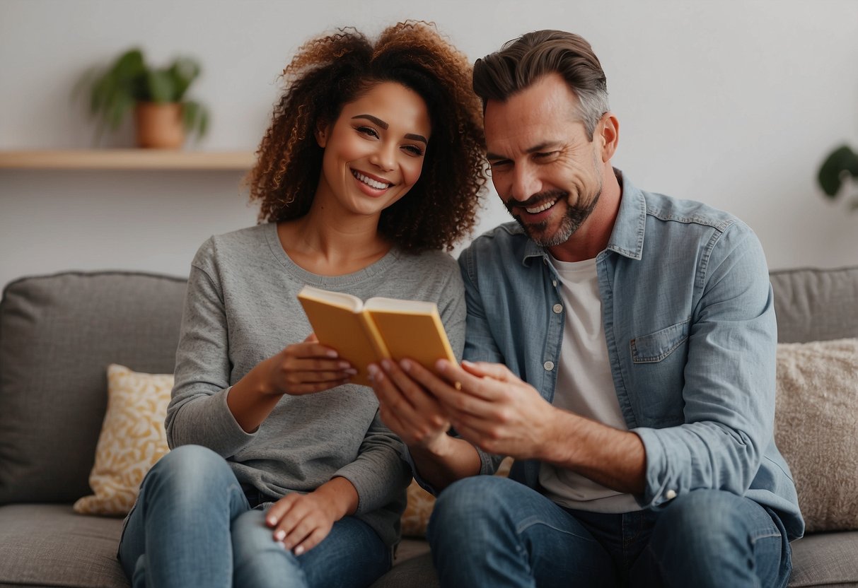 Two parents standing side by side, each holding a different parenting tool (e.g. book and toy), while their child looks on happily