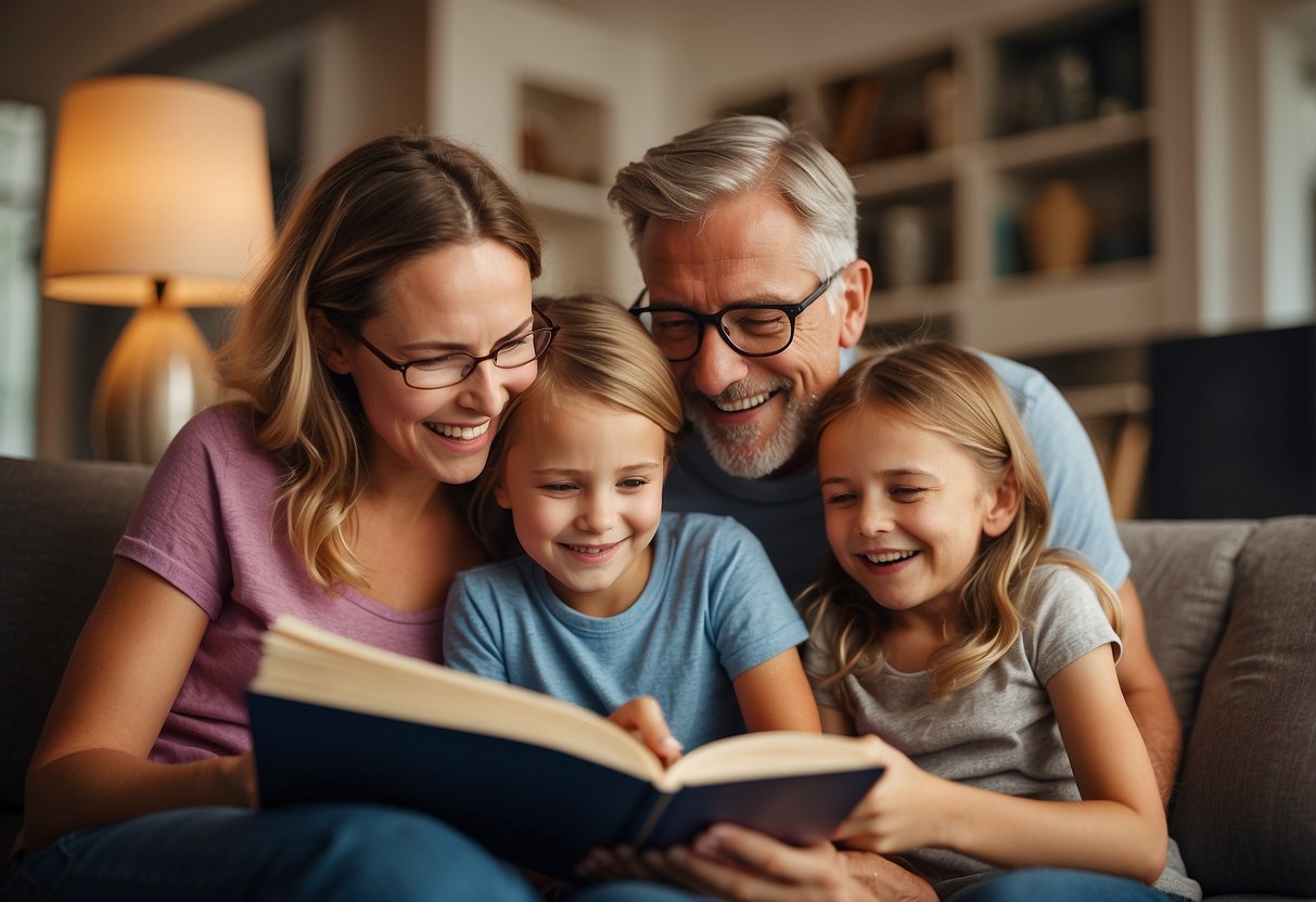 Two parents reading a book titled "7 Co-Parenting Myths" with surprised expressions, surrounded by playful children and a peaceful home environment