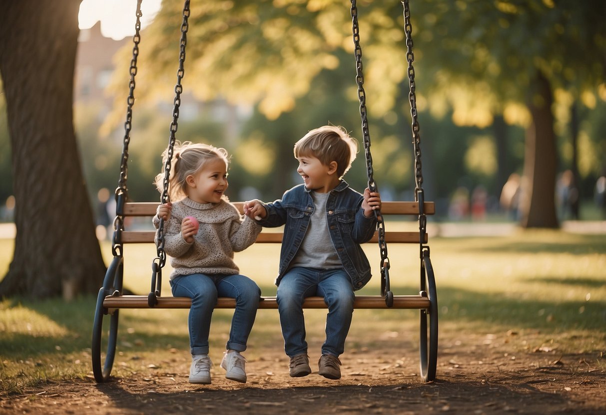 Two children playing together in a park, each holding a toy. One child's parent is watching from a bench, while the other parent is pushing the child on a swing