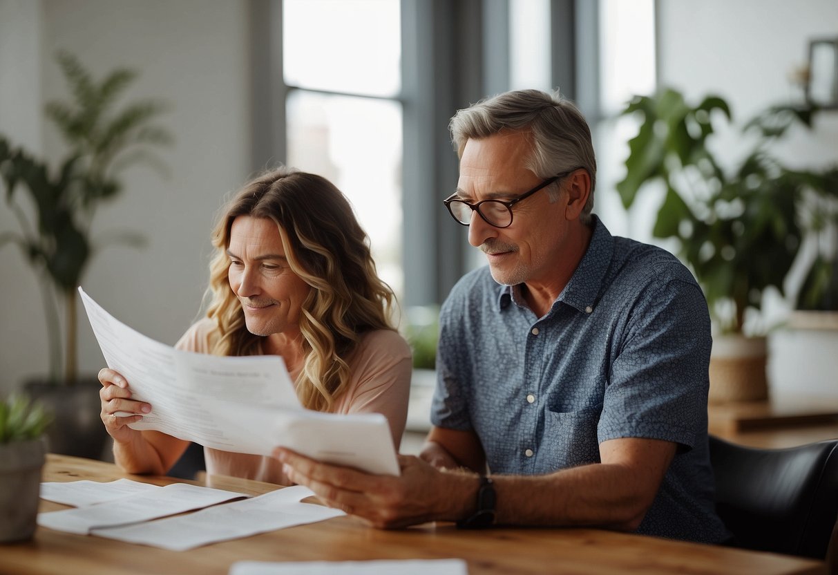 Two parents reading a list of co-parenting myths, surrounded by conflicting advice and misconceptions