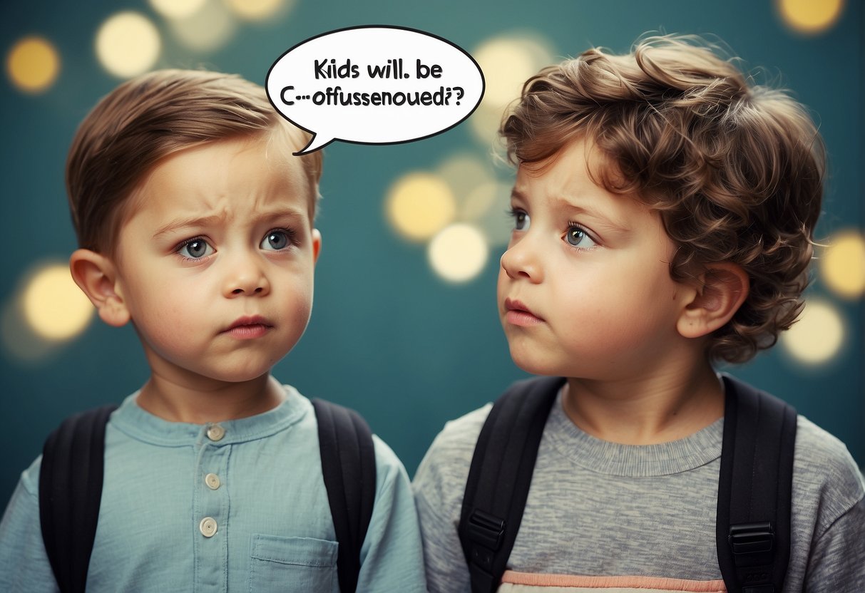 Two children surrounded by conflicting co-parenting myths, looking confused and unsure. A speech bubble with the title "Kids Will Be Confused" hovers above them