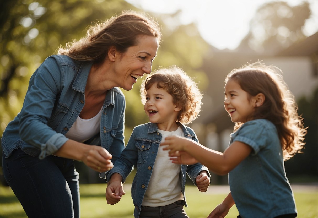 Children playing happily with both parents in separate but supportive environments, debunking misconceptions about the negative effects of co-parenting