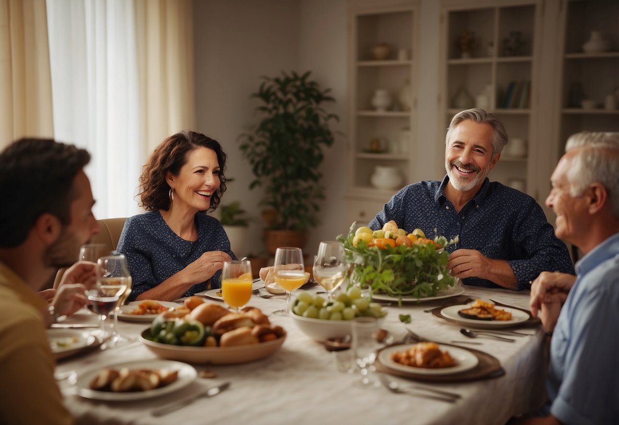 A family dinner table with in-laws conversing, smiling, and sharing a meal. A warm and welcoming atmosphere with open body language and positive interactions