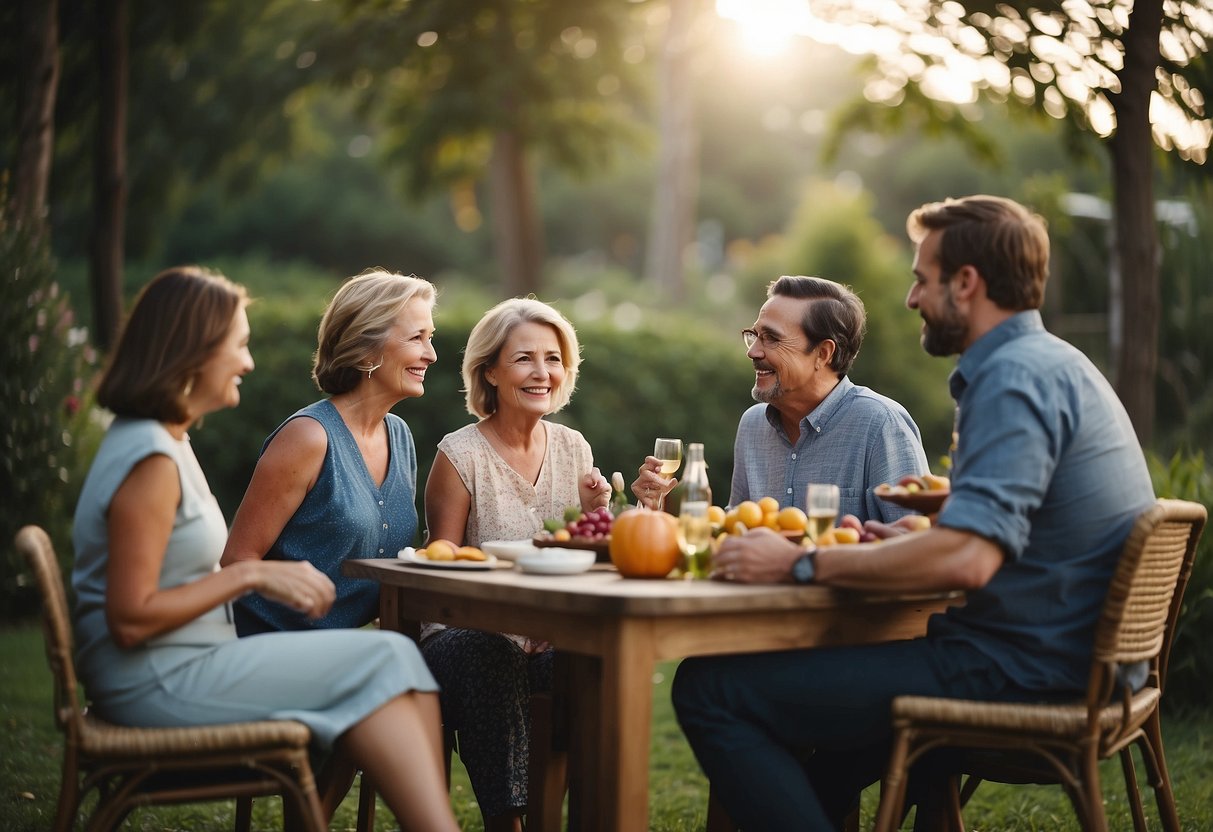 A family gathering with clear boundaries set, in-laws interacting respectfully, and a sense of harmony and understanding