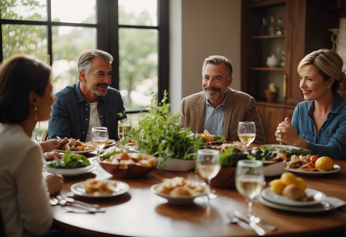 A family dinner table with two sets of in-laws engaged in open and honest conversation, showing active listening and understanding