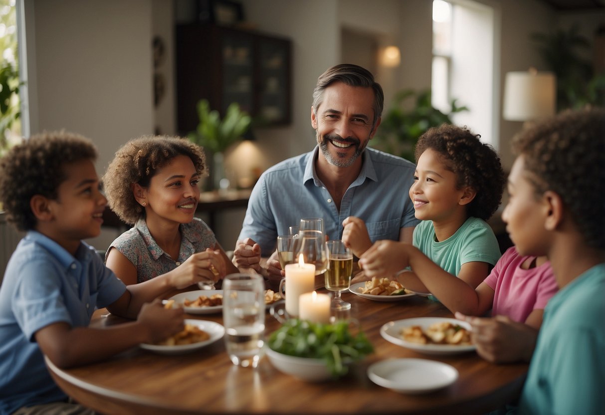 A family gathering around a table, engaging in conversation, with attentive body language and open expressions. A sense of understanding and respect is evident in the interaction