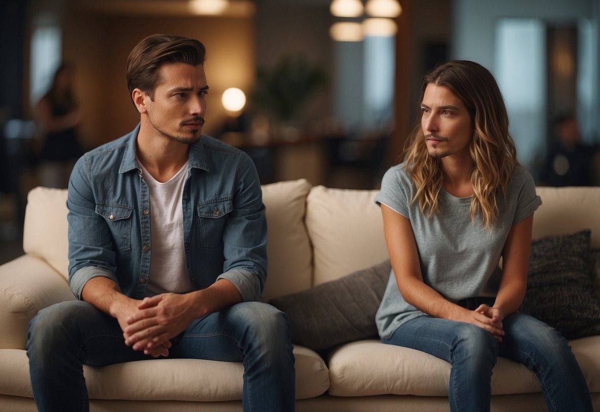 A couple sits on a couch, facing each other, with tense expressions. A third person stands in the background, appearing concerned