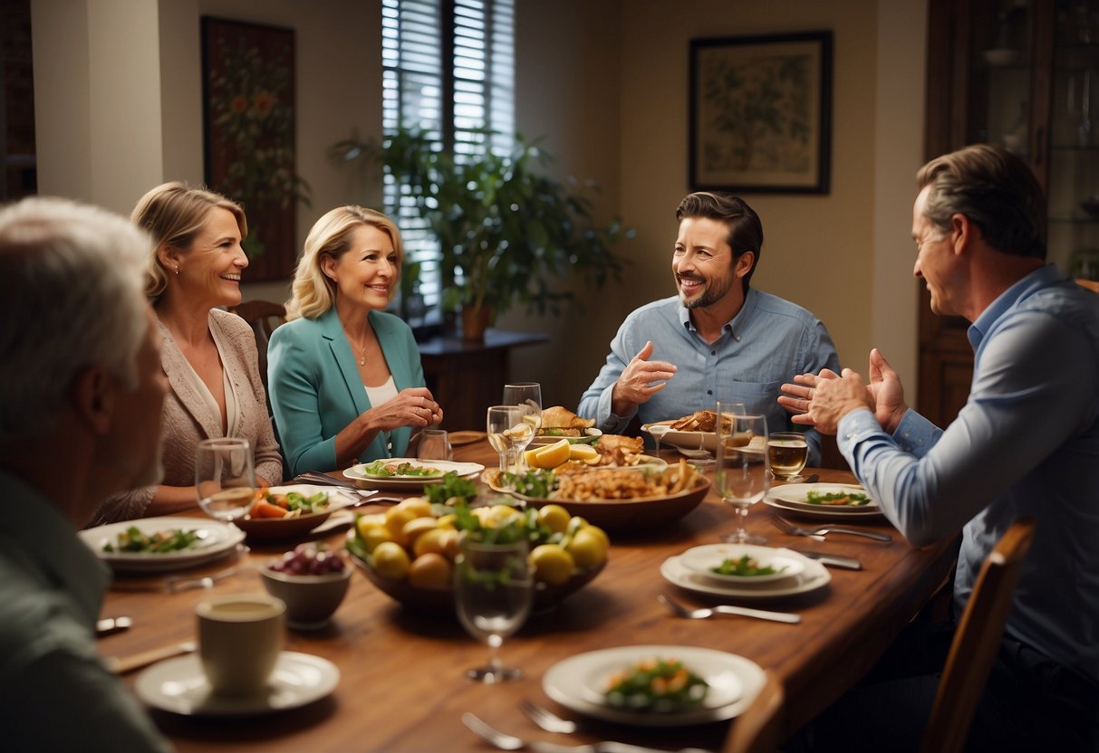 A family dinner table with in-laws conversing calmly, while one person discreetly gestures to another to avoid sensitive topics