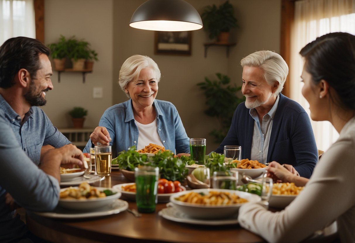 A family dinner table with multiple generations, showing open communication and compromise. Different family members are engaged in various activities, demonstrating flexibility and adaptability in managing in-law relationships