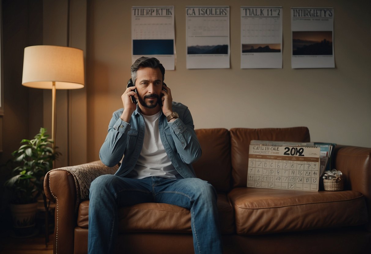 A person sitting on a couch, talking on the phone with a concerned expression. A calendar on the wall shows a date for a therapy appointment. A stack of self-help books sits on the coffee table