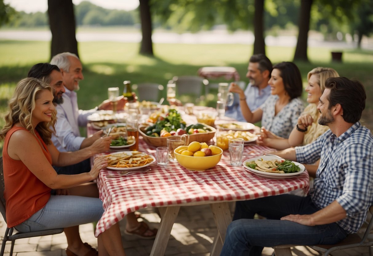 A picnic table with a colorful tablecloth surrounded by a mix of different sized and shaped chairs. A variety of food and drinks are spread out on the table, and everyone is engaged in relaxed conversation and laughter