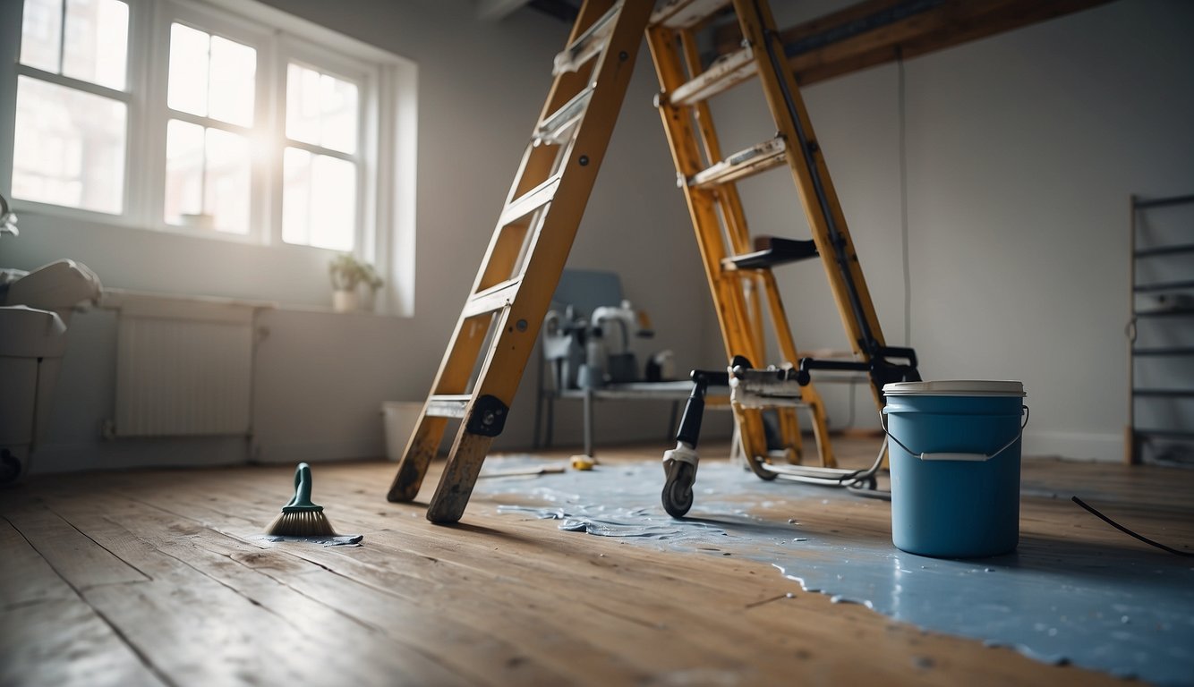 A drop cloth covers the floor. A ladder is positioned under the ceiling. Paint cans and brushes are ready nearby