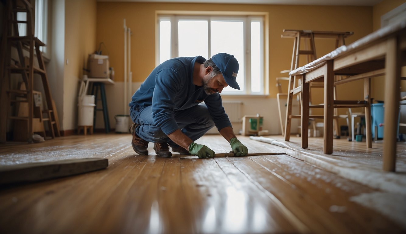 A painter carefully covers furniture and floor, uses a steady hand to cut in edges, and applies paint evenly to the ceiling