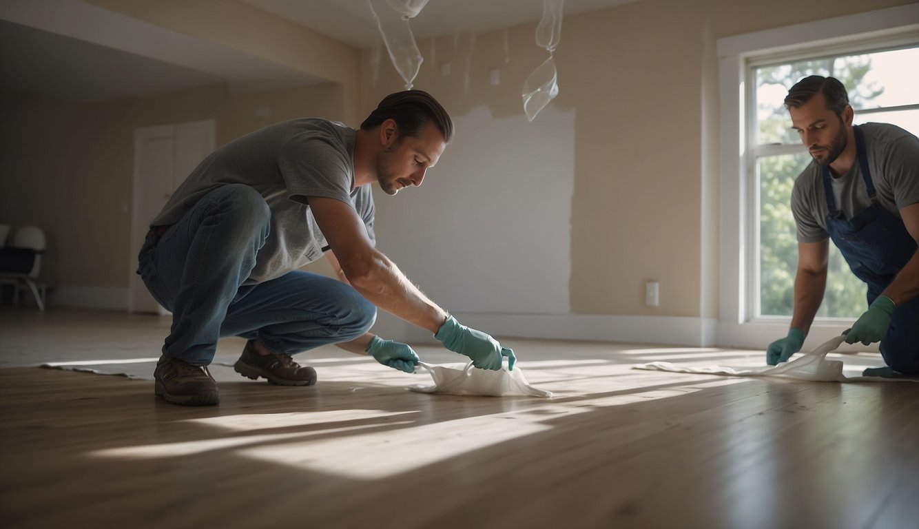 A painter carefully edges around light fixtures, using a steady hand to avoid drips. A drop cloth protects the floor as they carefully paint the ceiling