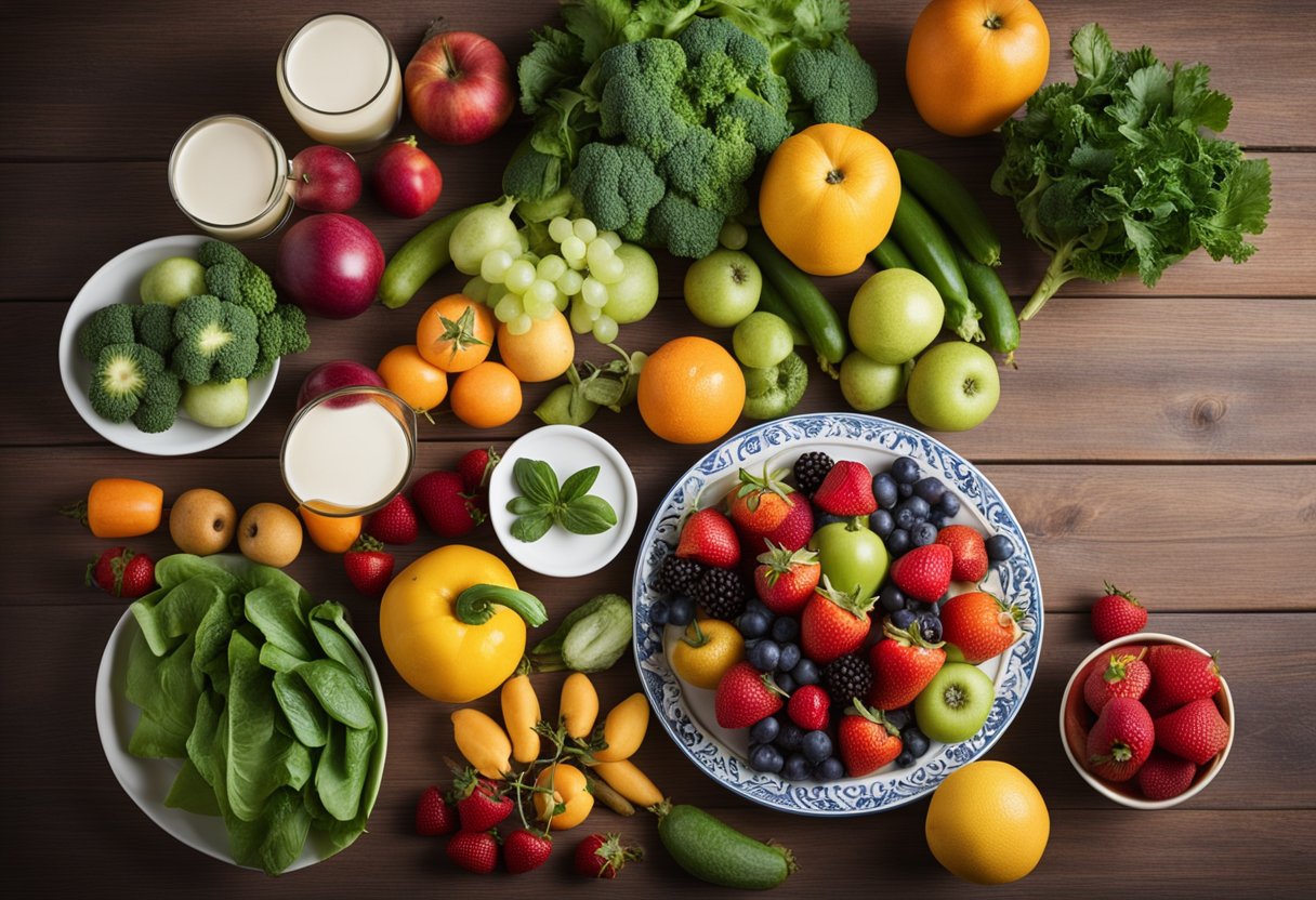 Positive food affirmations: A table set with vibrant, fresh fruits and vegetables, surrounded by colorful affirmations like "I nourish my body with healthy choices."