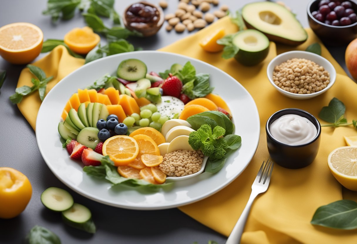 Positive food affirmations: A plate of healthy, colorful food surrounded by uplifting words and phrases. Bright, positive energy emanates from the affirmations, promoting a healthy mindset