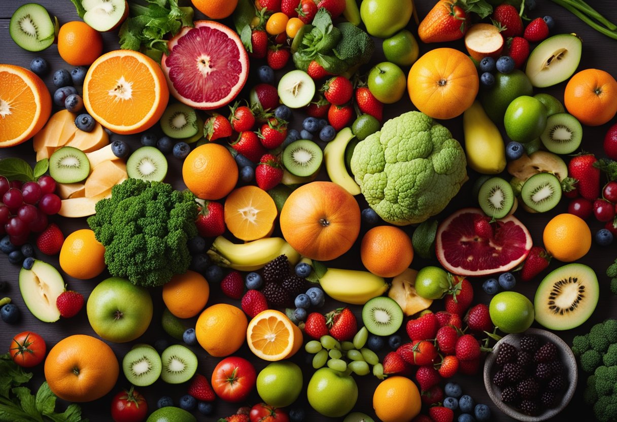 Positive food affirmations: A vibrant plate of colorful fruits and vegetables surrounded by glowing affirmations of "nourish," "energize," and "balance."