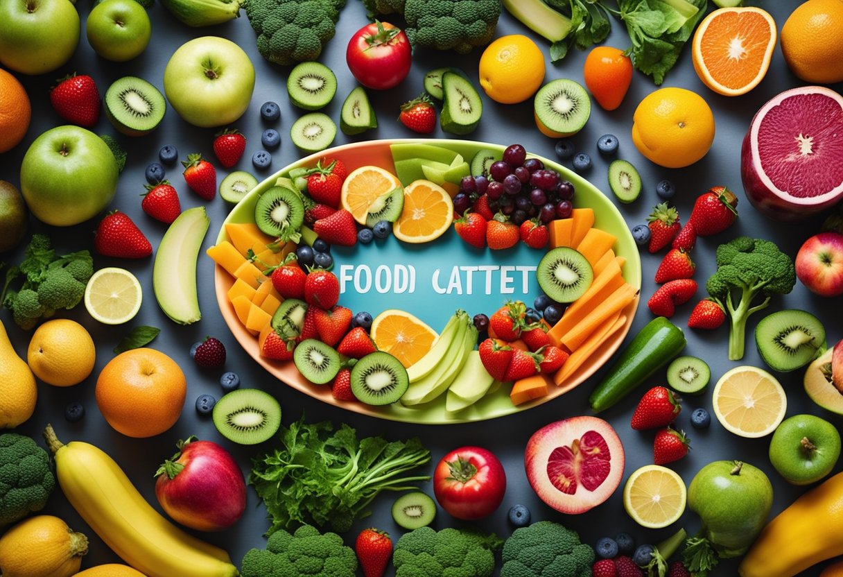 Positive food affirmations: A vibrant, colorful plate of fresh fruits and vegetables surrounded by uplifting affirmations about food and appetite control