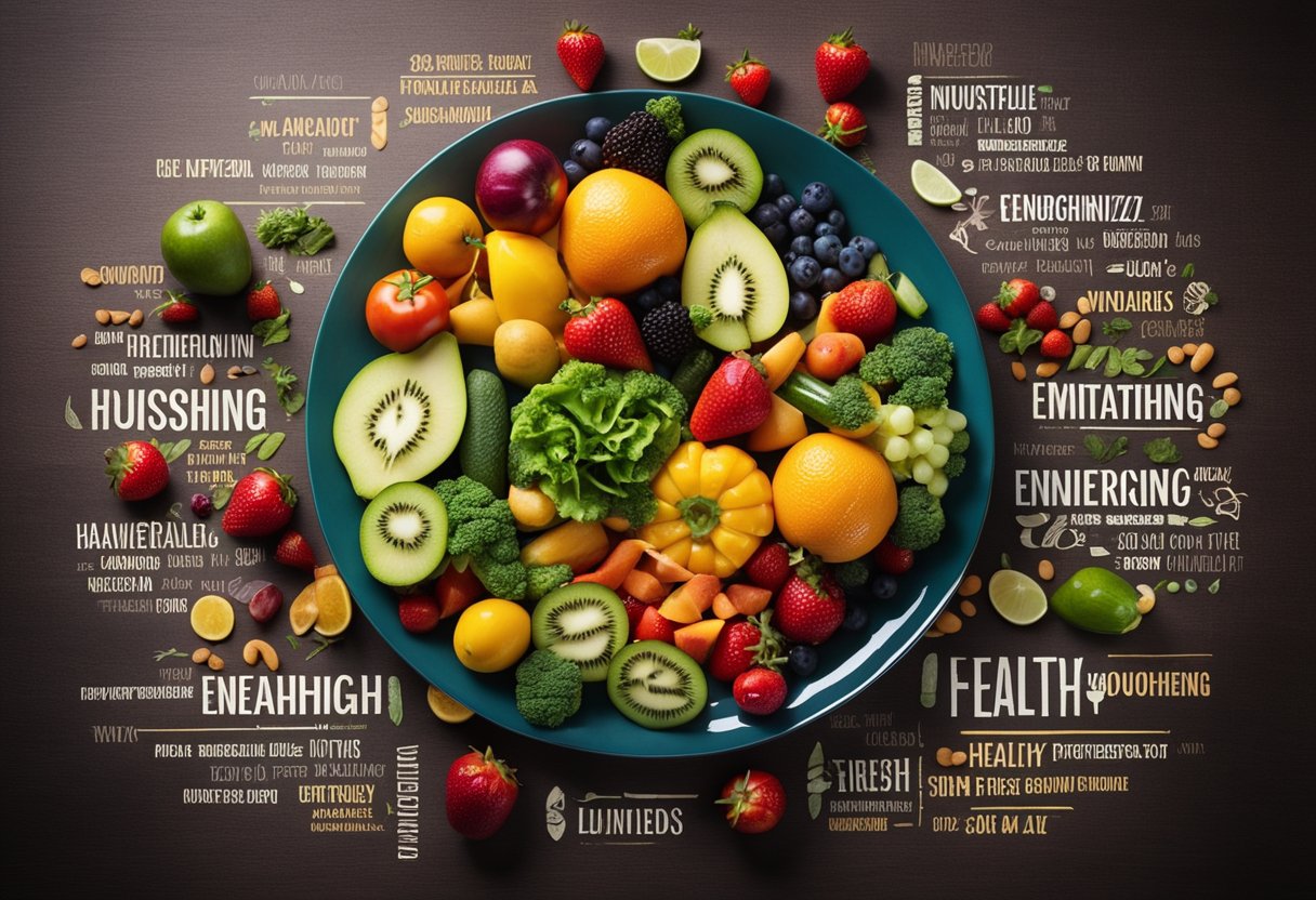 Positive food affirmations: A colorful plate of fresh fruits and vegetables surrounded by uplifting words like "nourishing," "energizing," and "healthy."