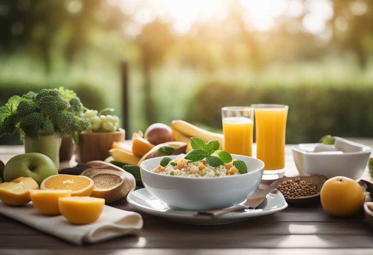 How to Reduce Stress Eating: A table set with healthy foods, surrounded by calming colors and natural light, with a journal and pen nearby for mindful eating practices