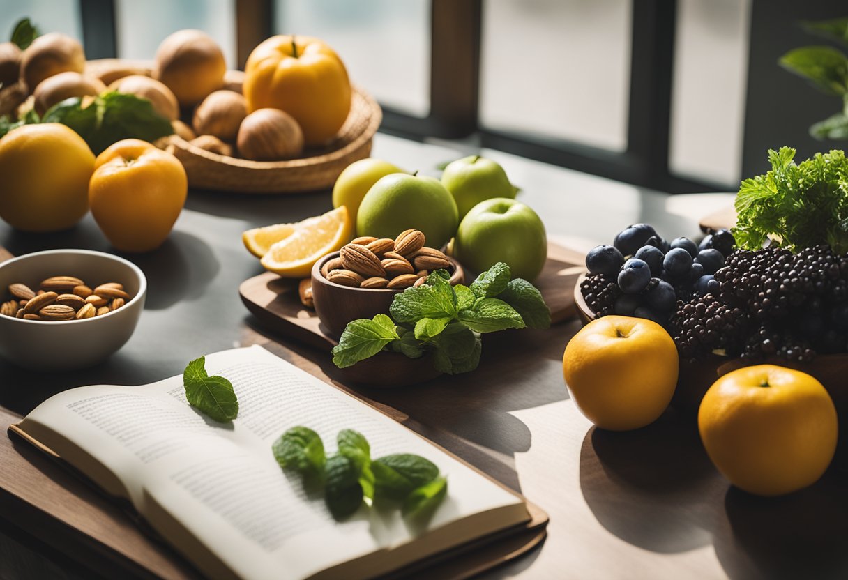 How to Reduce Stress Eating: A table with healthy foods like fruits, vegetables, and nuts, next to a journal and a yoga mat, surrounded by calming colors and natural light