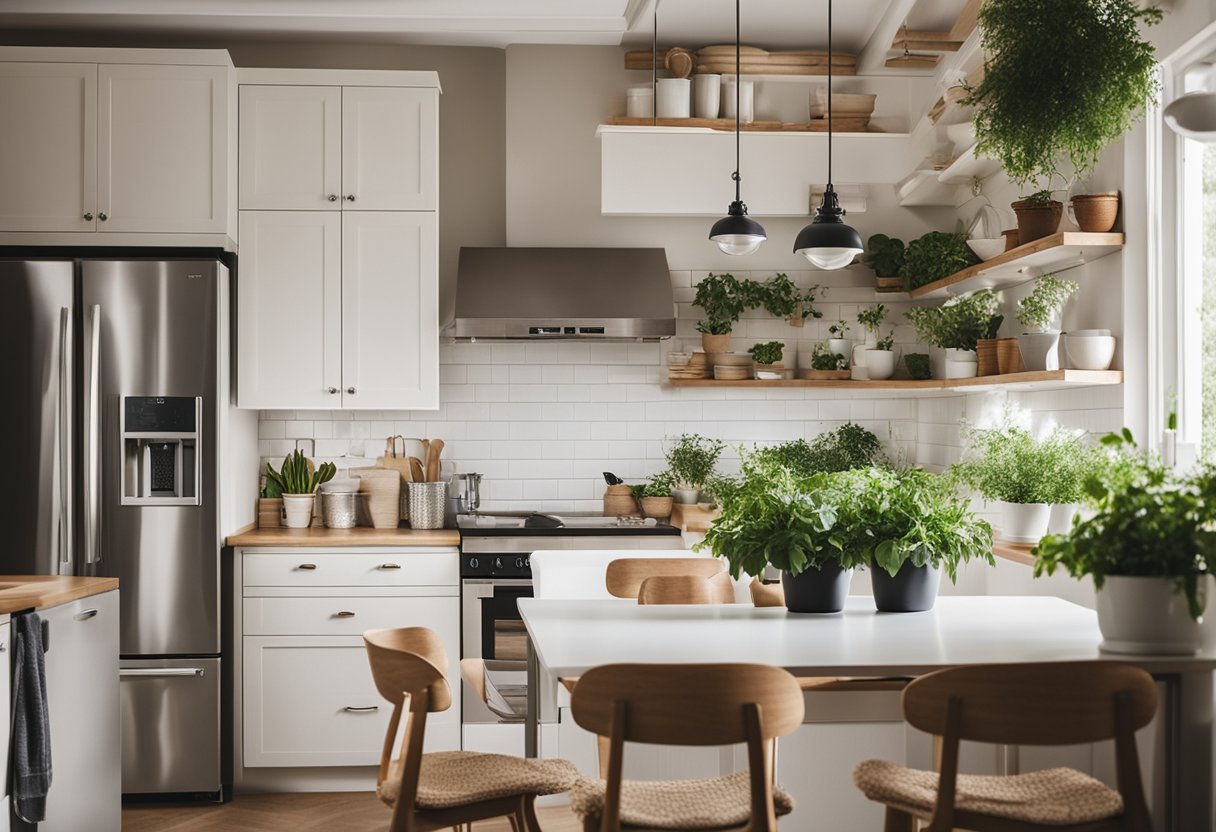 Reset Stress Eating: A spacious, well-lit kitchen with light, neutral colors, plenty of green plants, and organized storage. A cozy seating area with soft cushions and natural textures invites relaxation