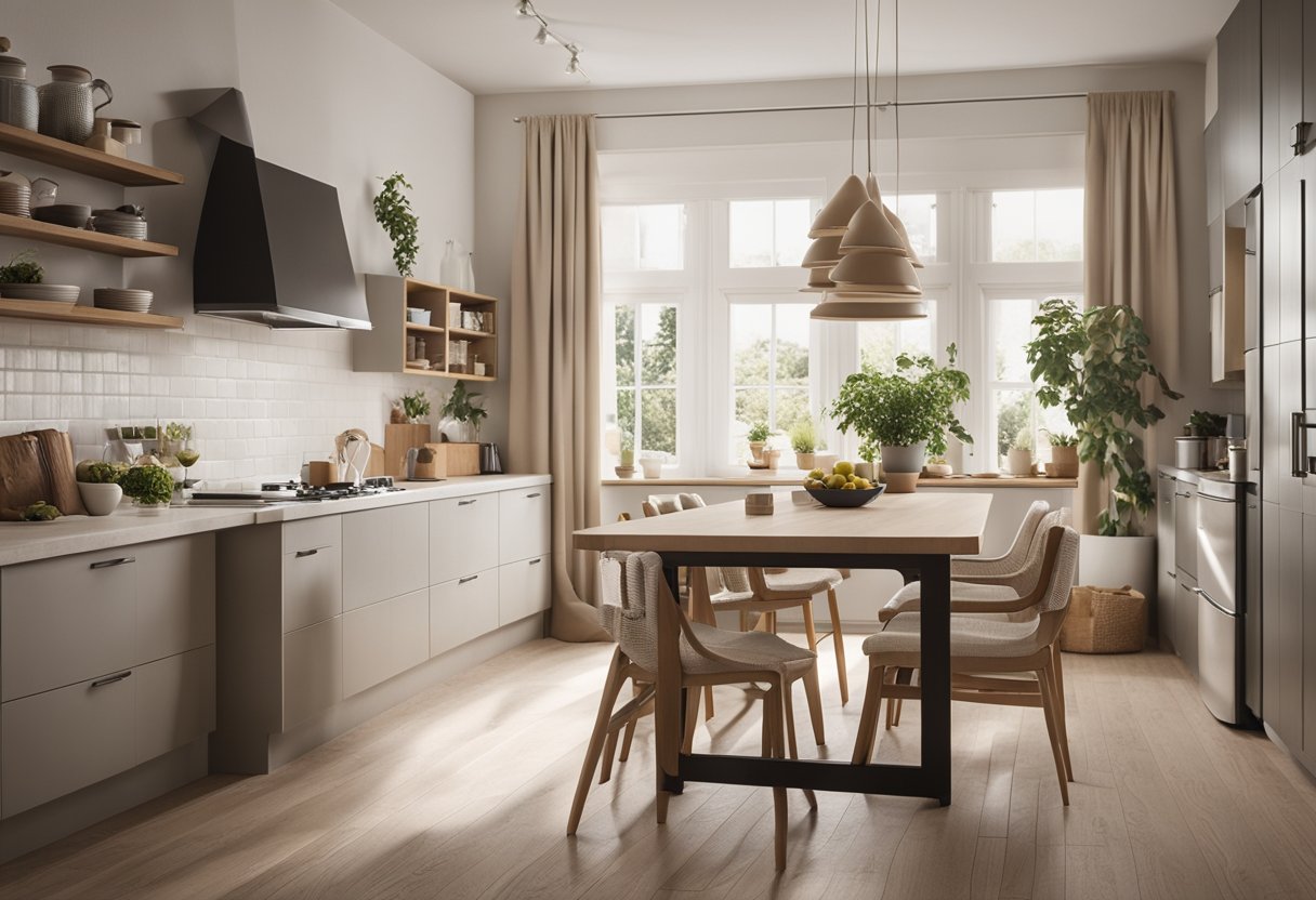 Reset Stress Eating: A spacious, clutter-free kitchen with soft, neutral colors and natural lighting. A cozy seating area and organized storage promote relaxation and mindful eating