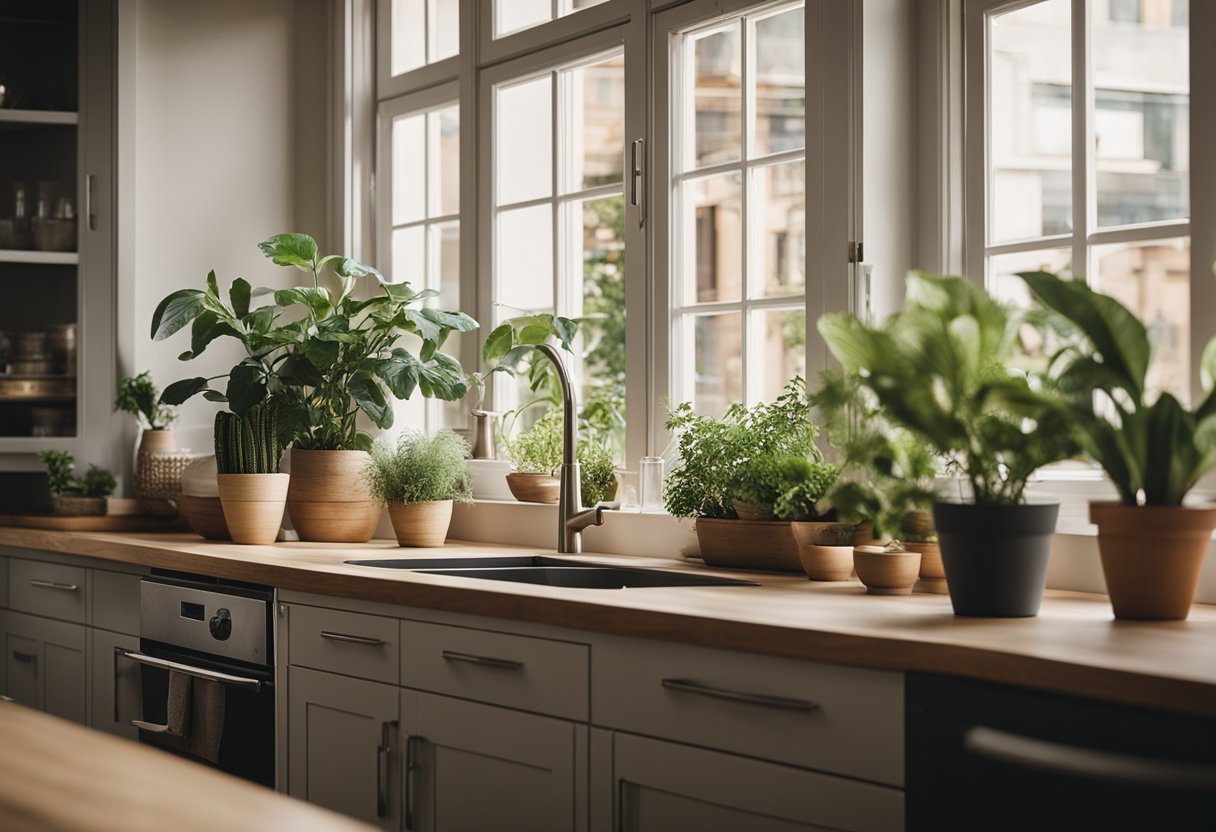 Reset Stress Eating: A kitchen flooded with natural light, featuring large windows and potted plants. Neutral colors and wooden accents create a calming atmosphere