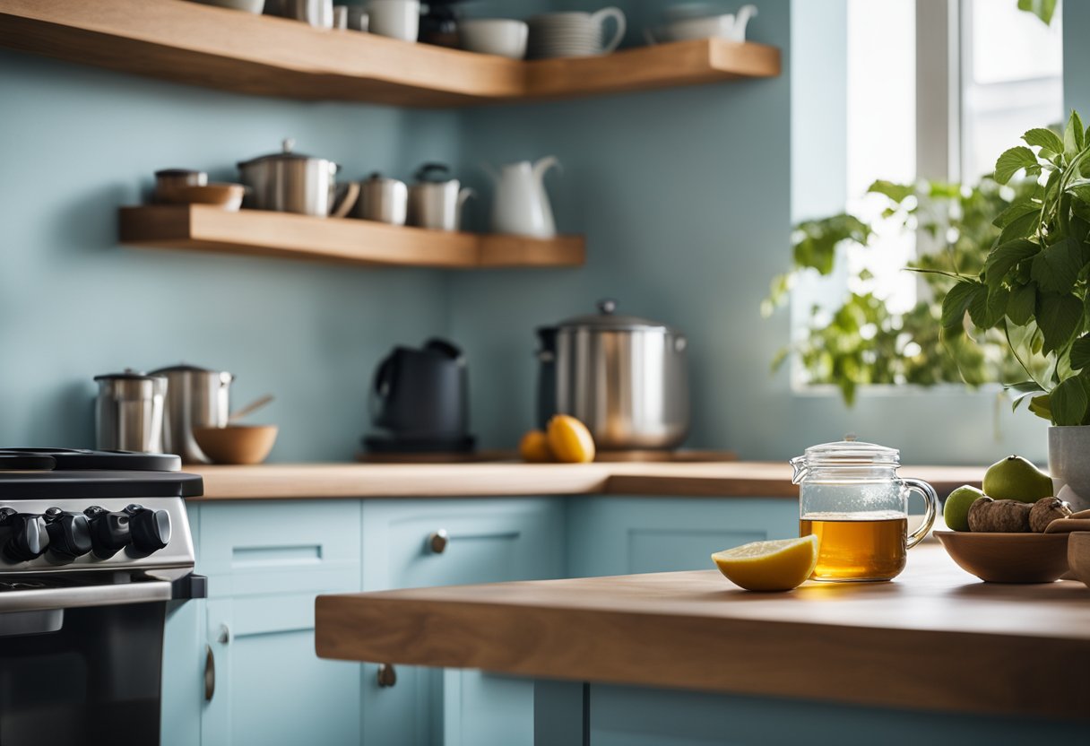 Reset Stress Eating: A serene kitchen with light blue walls, warm wood accents, and soft lighting. A bowl of fresh fruit sits on the counter, and a pot of herbal tea steeps on the stove