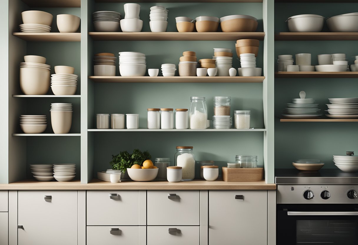 Reset Stress Eating: A tidy kitchen with organized shelves and labeled containers. Minimalist design with calming colors and natural light. A clutter-free space promotes mindful eating