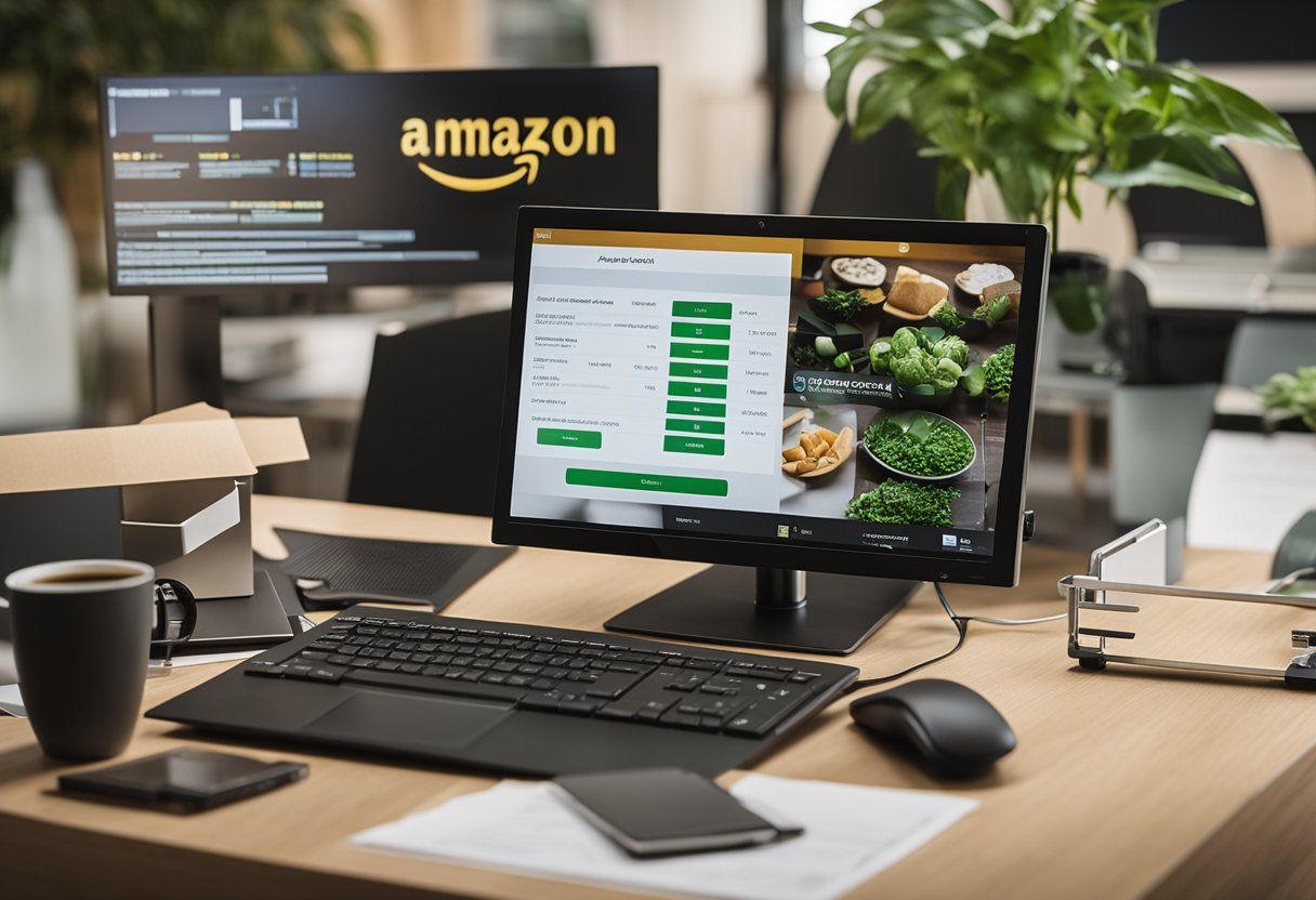 A table with various products and a computer displaying "Amazon Vine" program. Boxes labeled "kostenlos produkte" are being tested