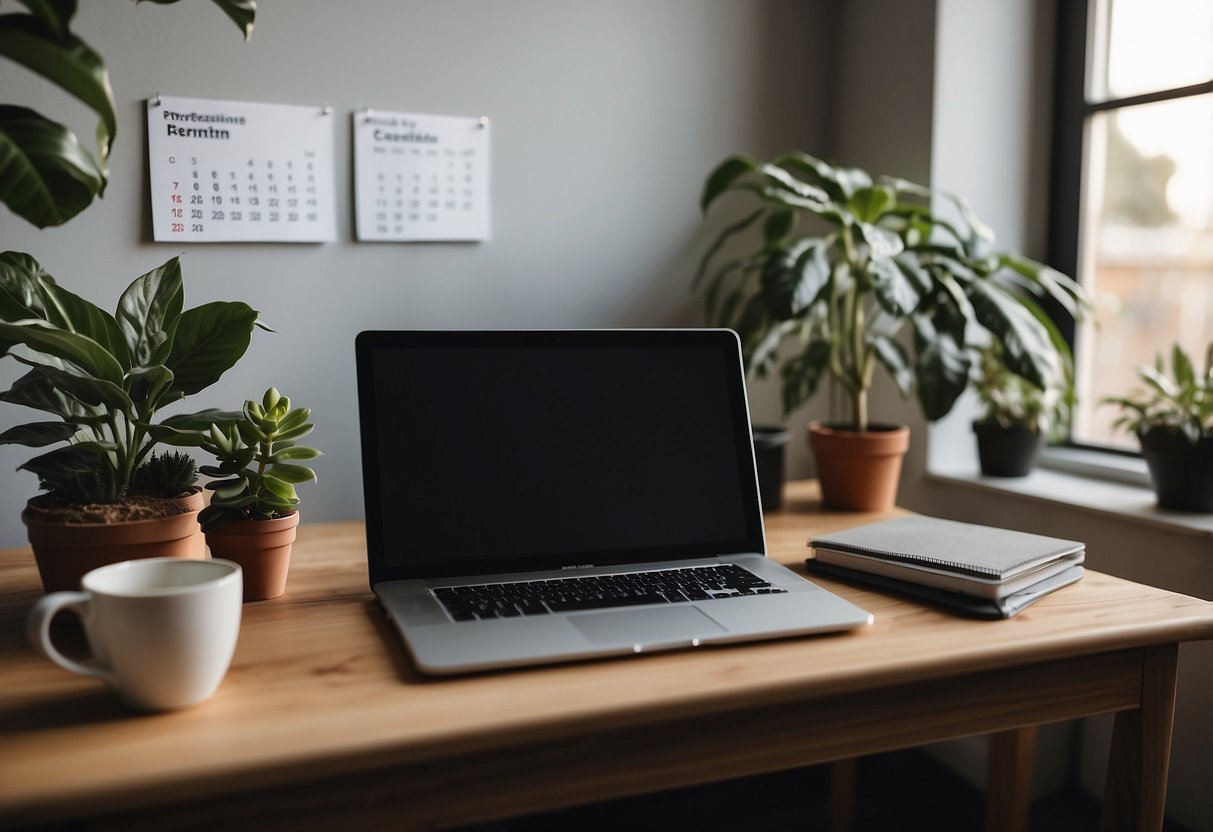 A cozy home office with a laptop, plant, and coffee mug. A calendar and to-do list on the wall. Natural light and a calm atmosphere