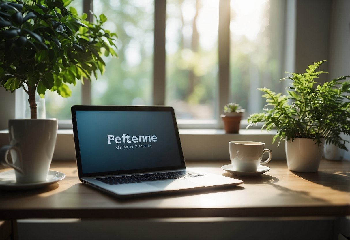 A cozy home office with a desk, chair, and laptop. A clock on the wall shows the time. A cup of tea and a plant sit on the desk. The window lets in natural light