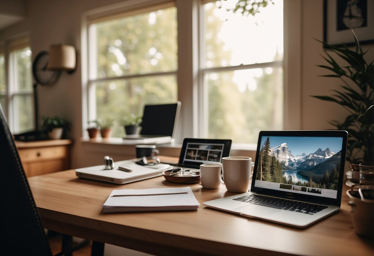 A cozy home office with a laptop and calendar, surrounded by family photos and a clock. A phone and notebook sit nearby, while a peaceful outdoor view is visible through the window