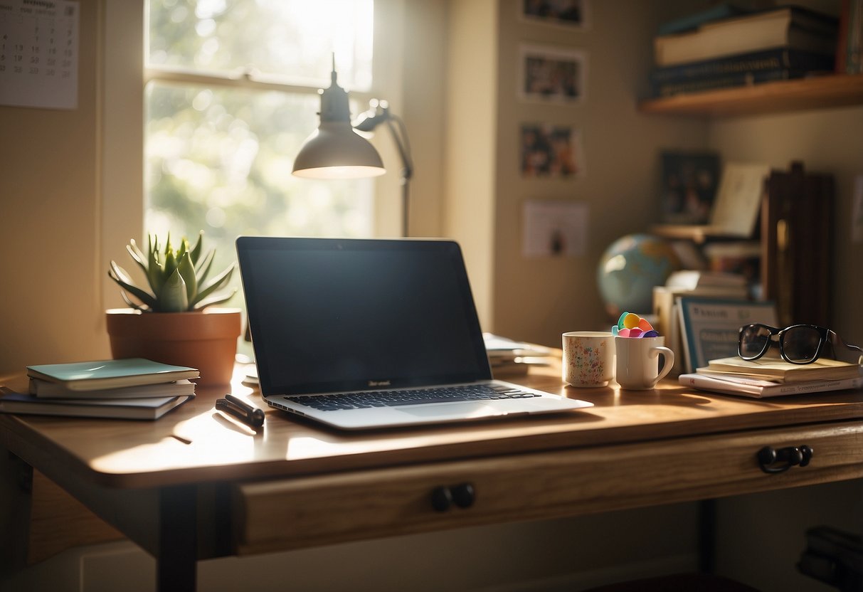 A cluttered desk with a laptop, notebook, and pen. A calendar on the wall with family photos. A toy box in the corner. Sunlight streaming through the window