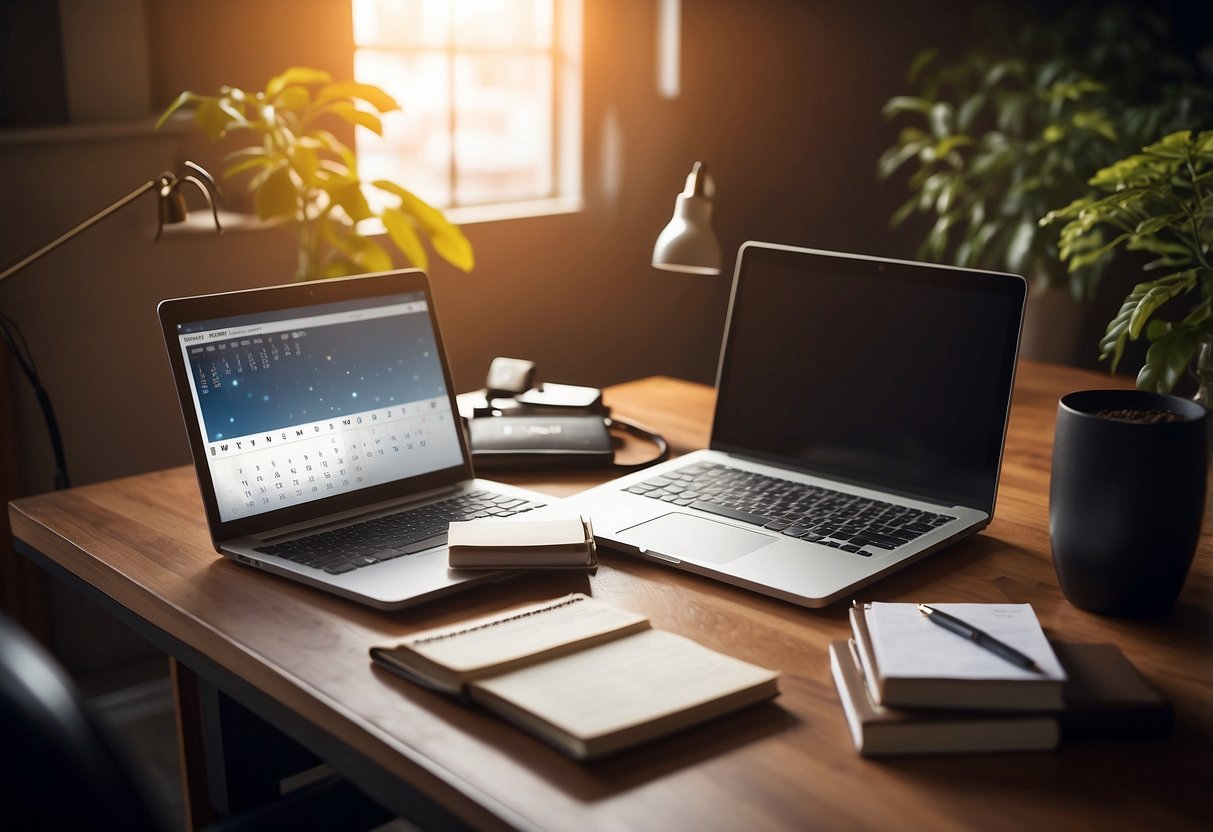 A clutter-free desk with a laptop, notebook, and pen. A comfortable chair with good lighting. A calendar and to-do list on the wall