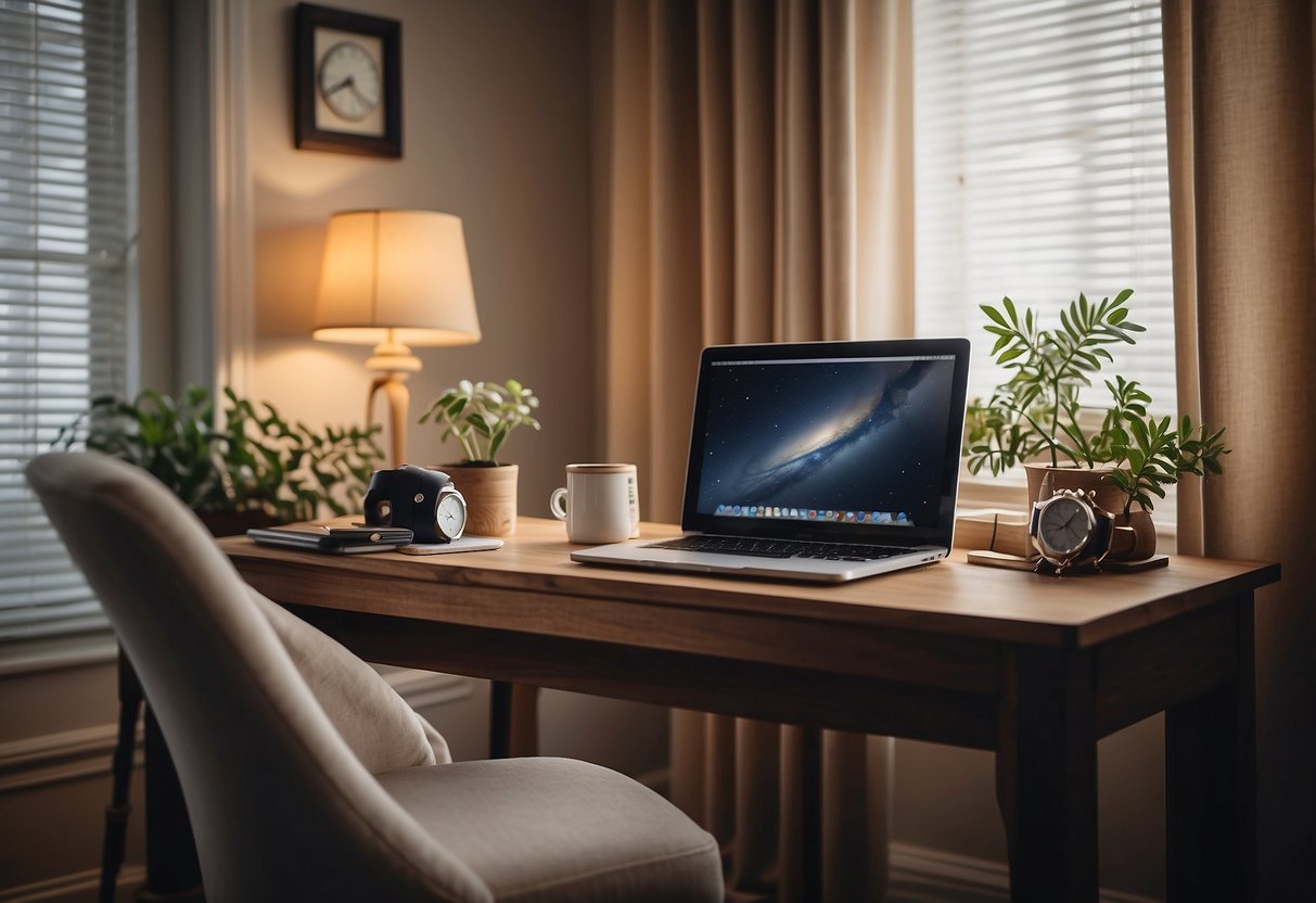 A cozy home office with a laptop, notebook, and pen on a desk. Soft light filters through curtains, creating a calm and peaceful atmosphere. A clock on the wall shows nap time