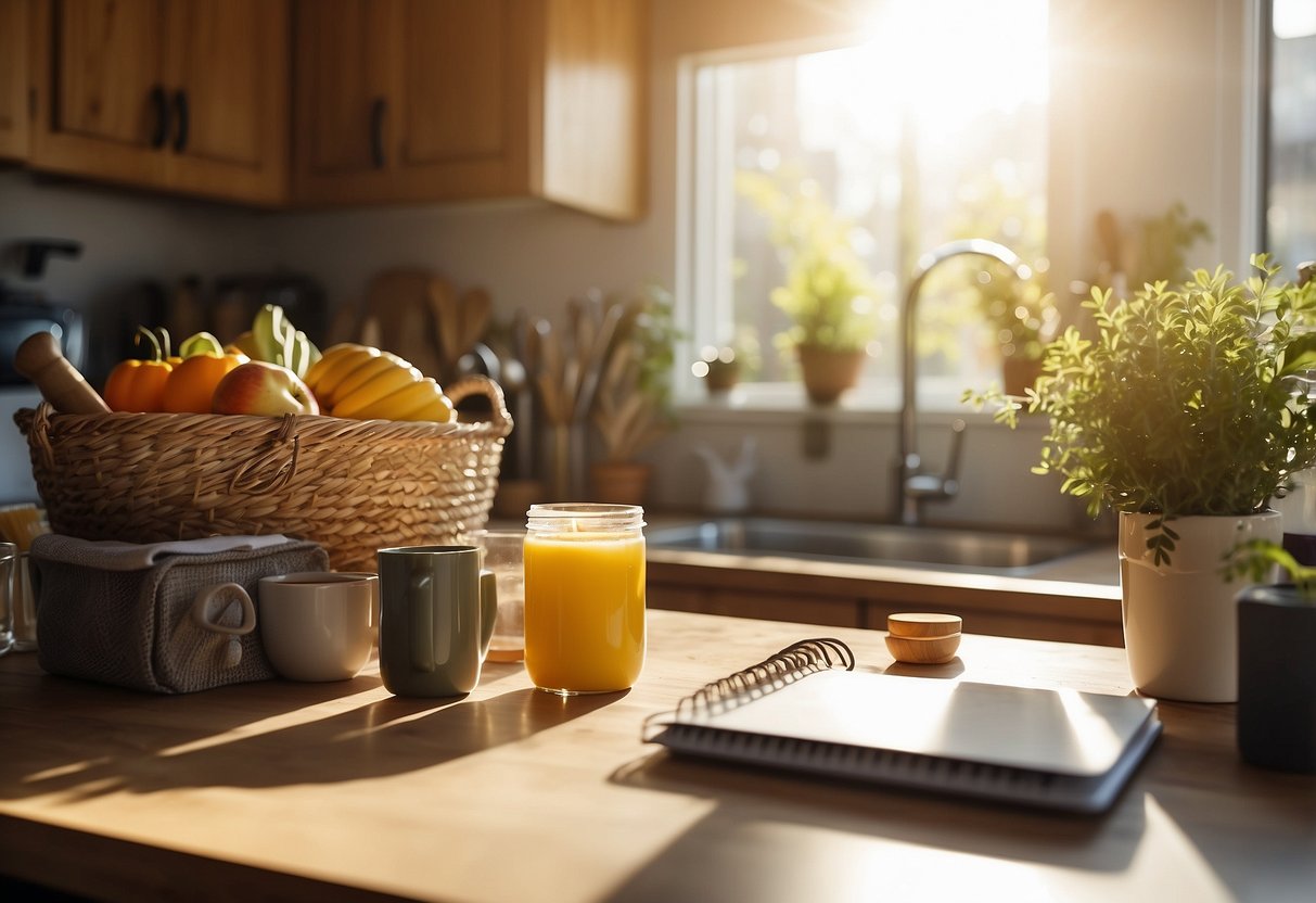 A kitchen counter with prepped ingredients, a planner, laptop, and children's toys nearby. Sunlight streams in through the window, creating a warm and inviting atmosphere