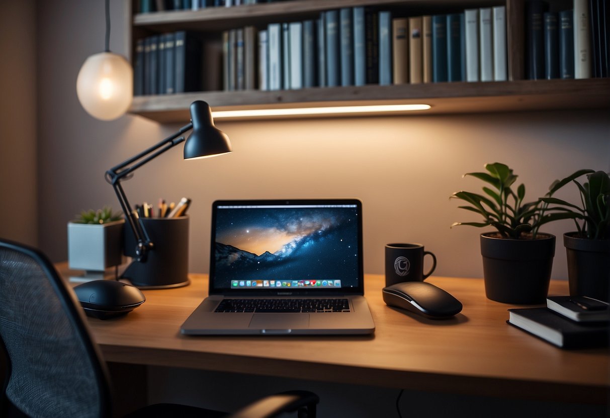 A tidy desk with a laptop, notebook, and pens. A comfortable chair and good lighting. Organized shelves with necessary supplies. A quiet, clutter-free environment