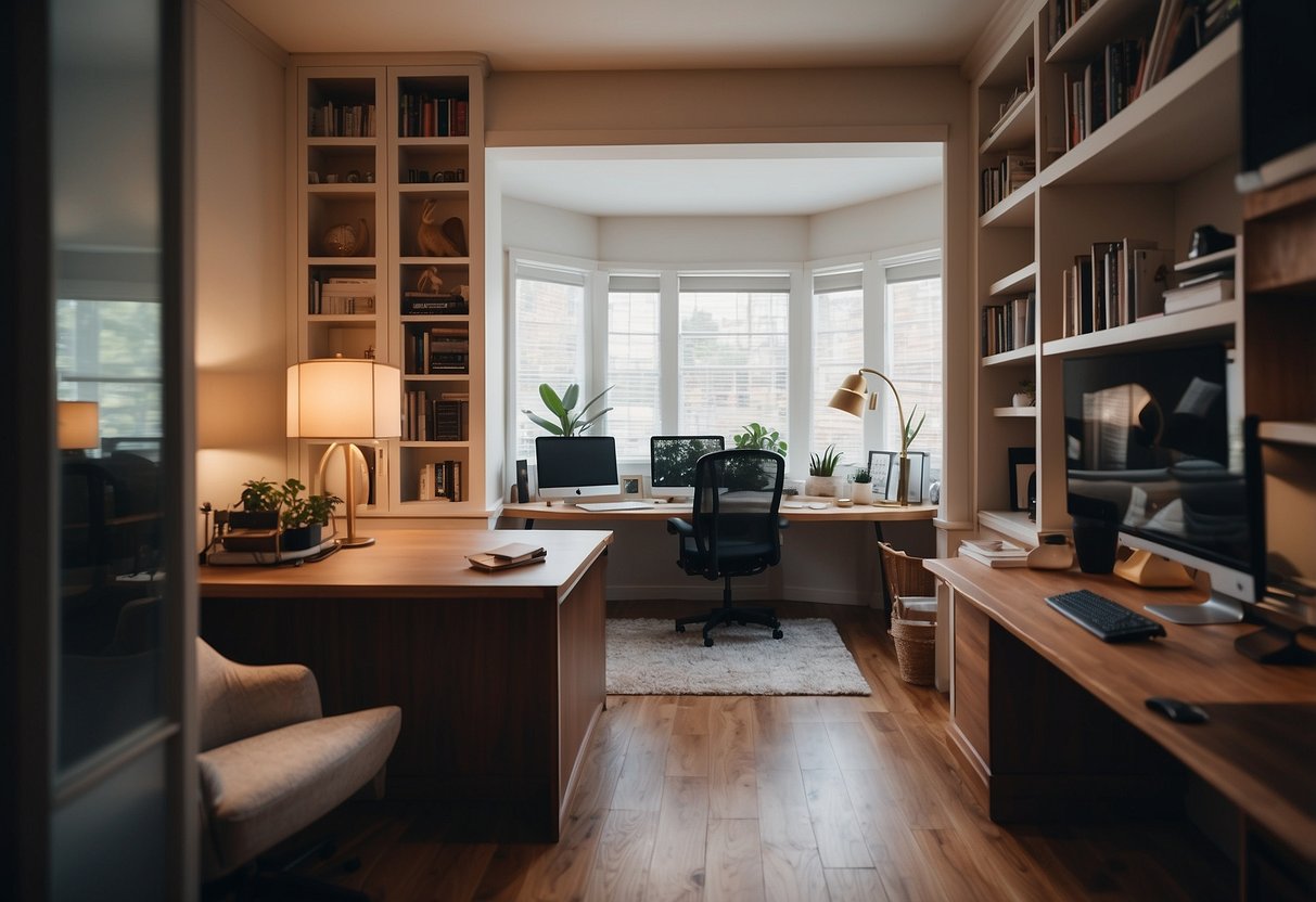 A cozy home office with a clear division between work and family spaces. A closed door separates the two areas, with a desk and computer on one side and a comfortable living area on the other